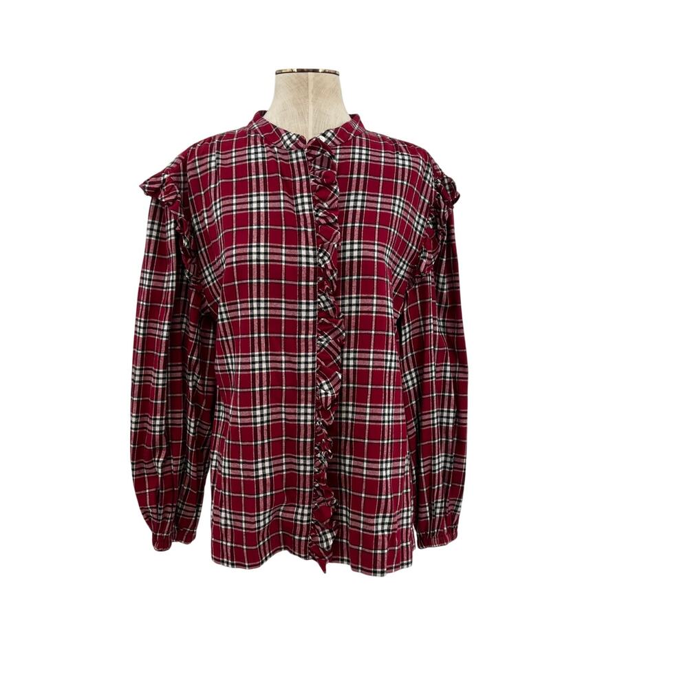 Something Navy Flannel Plaid Ruffle Shirt Red Combo XXL 100% Cotton Button Up - Picture 15 of 15